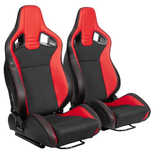 WTRAVEL Racing Seats 2 PCS Reclinable Bucket Seats with 2 Sliders Adjustable PU Leather Seats Universal Sport Seats for Cars (Black×Red, 37.0