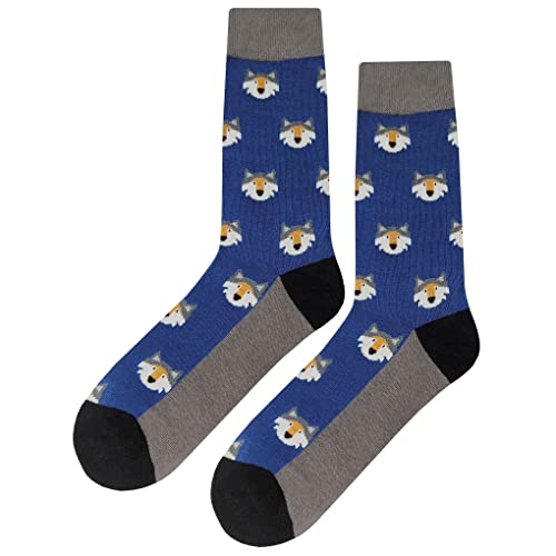 Wolf Head Dress Socks Funny Novelty Crazy Fun Design Men Size 8-12 Cotton Casual Crew Colorful Funky Fancy Socks Gift for Men
