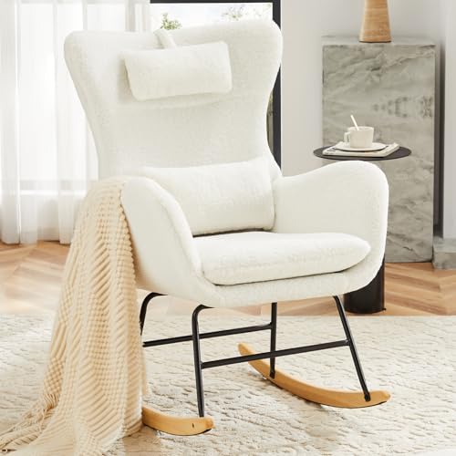 Image of NIOIIKIT Nursery Rocking Chair, Teddy Upholstered Glider Rocker with Headrest and Lumbar Pillow, High Backrest Rocking Accent Chair with Side Pocket, Comfy Armchair for Living Room (Beige)