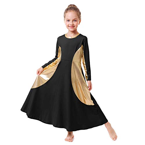 Teen Girls Praise Robe Dance Cross Dress Long Bell Sleeve Liturgical Loose Fit Full Length Swing Worship Gown Skirt Black-Glod 9-10 Years