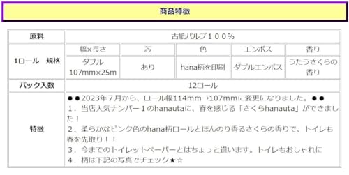 西日本衛材 hanauta うたうさくらの香り ダブル トイレットペーパー 107mm×25m (12ロール) の商品画像 4
