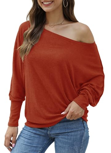 Image of Aifer Women's Off The Shoulder Tops Sexy Long Sleeve Shirts Oversized Fashion Casual Batwing Sweaters Pullover Tunic Tops