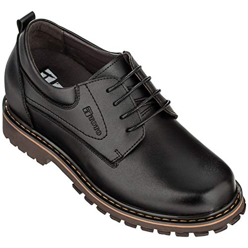 TOTO Men's Invisible Height Increasing Elevator Shoes - Black Leather Lace-up Round-toe Casual Low Top Work Boots - 3 Inches Taller - F70289 - Size 6 D(M) US