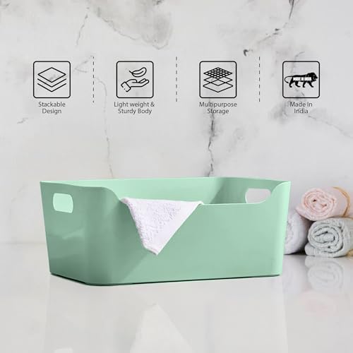 Image of KOLORR Jolly Plastic Small Baskets with Handle for Storage Box| Multipurpose Light Weight Plastic Baskets organiser for Make-up Stationary Cosmetics Kitchen Livingroom Bathroom | Pack of 2 - Mint