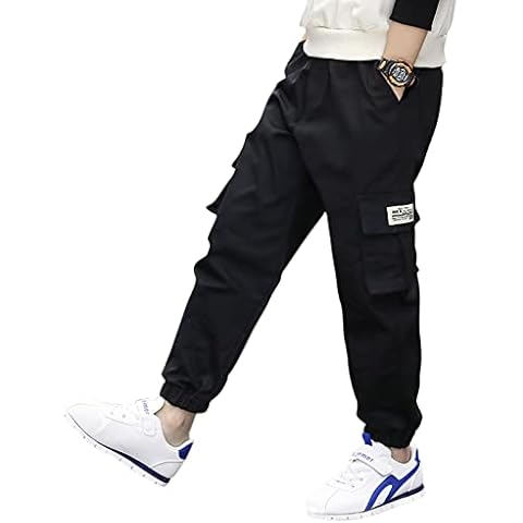 Boys Cargo Trousers Kids Joggers Elastic Waist Pants Multi Pocket Outdoor Casual Daily Wear Black Tag 180-UK 13-14 Years Cover