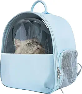 Emily Pets Pet Backpack Travel Carrier, for Less Than 16.5 Ib Small Cats and Dogs, Ventilated Design, Foldable, PVC Transparent Cover Portable Pet Bag Leather Safety Strap Carrying Hiking(L,Sky Blue