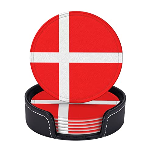 Lot de 6 sous-verres ronds en cuir avec drapeau du Danemark - 10 cm