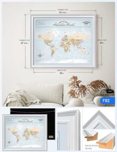 Image of IPIC - Custom Framed world map wall art, Push Pin Map Decor to Mark Travels, Personalized Artwork with Names and Message on, Large World Travel Map Print for Home, Office, Study, and RV