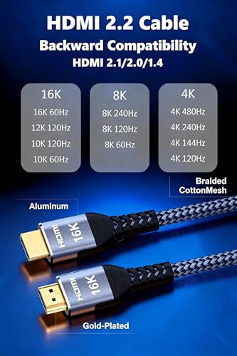 Image of Avaoaa 16K HDMI Cable 2.2 96Gbps 1.6FT, Ultra High Speed Cable Support 8K /4K 240Hz 144Hz 120Hz 60Hz eARC HDR10+ HDCP2.3 HDMI Cord Compatible with PS5 /Xbox /Switch 2 /Roku TV /Mac Monitor Laptop Blu-ray