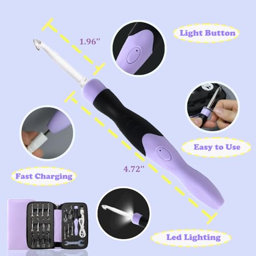 Image of Lewhoo 17 Sizes Lighted Crochet Hooks Set 2.5mm~14.0mm, Metal Crochet Hook with Interchangeable Crochet Head