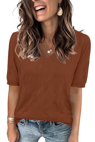 Image of Arach&Cloz Women's Lightweight Spring Summer Sweater Tops Casual Short Sleeve Blouses Shirts