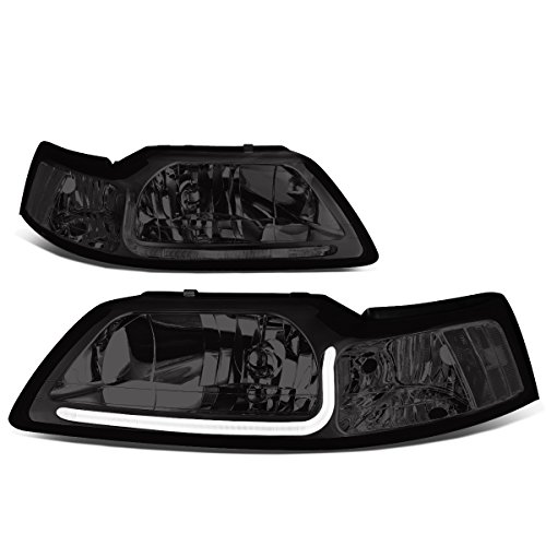 LED Light Bar DRL Strip Headlights Assembly Headlamp Kit Compatible with Ford Mustang 1999-2004, Pair, Chrome Housing, Smoke Lens