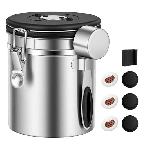 ShanSonコーヒーキャニスター 密封容器 ステンレス コーヒー豆酸化防止 遮光 日付表示 スプーン 単方向排気バルブ付き食品保存缶 砂糖 麦茶 茶葉 お菓子 珈琲 豆入れ 保存容器 シルバー 1200/1500/1800ml