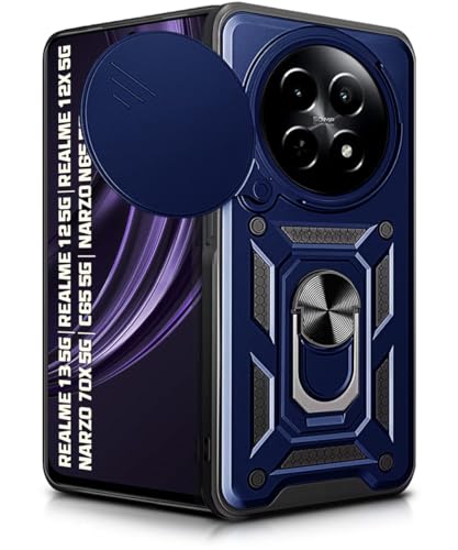 Image of WOW IMAGINE Tough Armor Bumper Mobile Back Case for Realme 13 5G | Realme 12 5G | 12X 5G | Narzo 70x 5G | C65 5G | N65 | Sliding Camera Shield Cover | Hybrid PC + TPU | Ring Holder with Stand - Blue