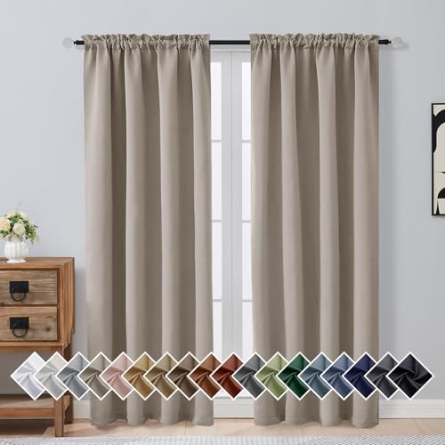Image of Stone Blackout Curtains for Bedroom 72 Inch Length 2 Panels Set, Solid Thermal Insulated Energy Saving Window Curtains for Living Room, Dual Rod Pocket Window Drapes, 2x40Wx72L Inches