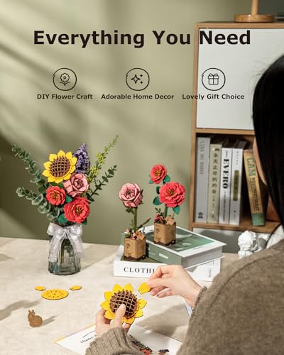 ROBOTIME Forever Flowers Bouquet, Wooden Flower Bouquet Building Kit TW01H, Sunflower/Red Camellia/Pink Rose/Lilac Gift for Mom/Wife - image 8