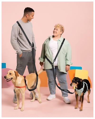 Freihändige Hundeleine für alle Formen, 2-3 m, doppelt verstellbare Schnalle, Crossbody mit gepolstertem Griff, für 1 oder 2 mittelgroße/große Hunde, 8-50 kg, Schwarz