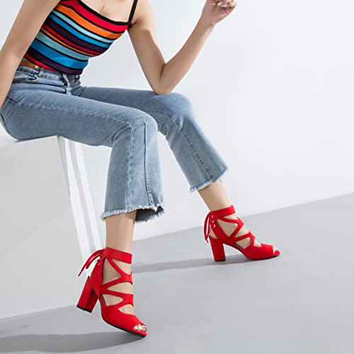 Image of fereshte Women's Lace-Up Gladiator Sandals, Block Heel Open Toe Strappy Shoes