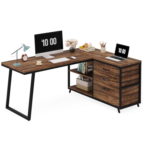 Tribesigns l字デスク パソコンデスク 引き出し付き 幅135cm ゲーミングデスク 机 pcデスク コーナー オフィス 事務用デスク 左右組み替え可能