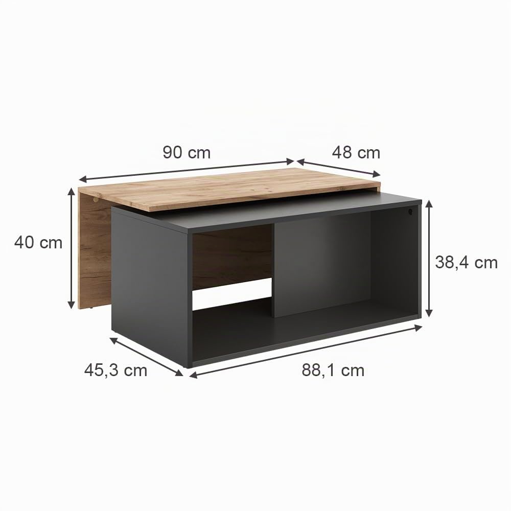 Vicco Mesa de Centro Paul, Antracita/Roble Dorado, 90 x 48 cm | con tablero giratorio y superficie de almacenamiento adicional