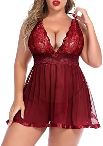 Avidlove Plus Size Lace Babydoll Lingerie For Women Sexy Nighty Mesh Deep V Sleepdress Cardinal Red