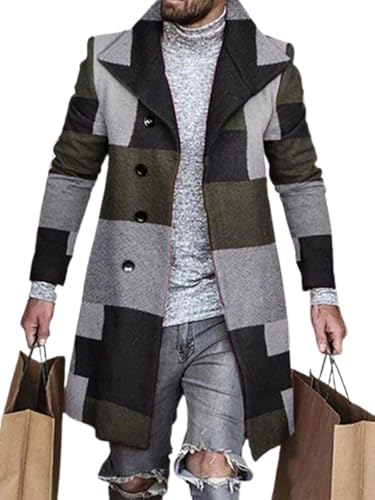 COROFY Black Plaid Trench Coat for Men Fall Winter Vintage Plaid Notch Lapel Pea Coats Fall Fashion Slim Fit Overcoat for Men Single Breasted Plaid Mid Long Peacoat Pea Coats L