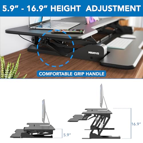 Image of Mount-It! 47 inch Standing Desk Converter, XL Desktop Sit-Stand Desk Riser with Gas Spring Height Adjustment, Wide Desk Topper for Dual Monitors or Monitor & Laptop, Keyboard Tray, Black