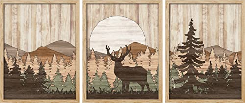 Image of SIGNWIN Framed Mountain Forest Wall Art, Set of 3 Moose Deer Sunset Colorful Wall Decor Prints, Nature Wilderness Wall Décor for Living Room, Bedroom - 12"x16" Natural