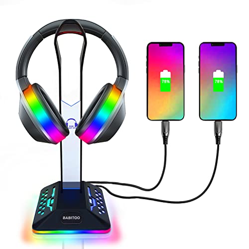 RGB Headphone Stand Gaming Headset Holder - Headphone Holder with 2 USB Chargers and 7 Light Modes for Gamers Gaming PC Accessories