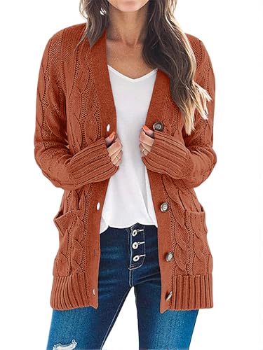 MEROKEETY Women's 2025 Fall Long Sleeve Cable Knit Cardigan Sweater Open Front Button Loose Outerwear Rust