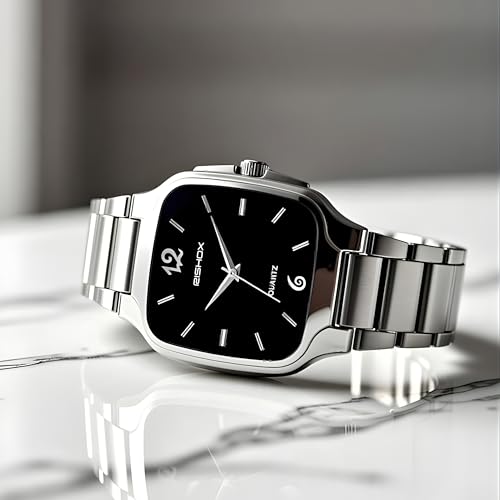 Image of Men's Analog Watch | Black Dial Square Stainless Steel Strap | Slim Quartz Wrist Watch for Men & Boys | Stylish Formal Casual Water Resistant Watch