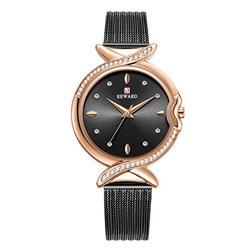 Preisvergleich Produktbild Dilwe Damenuhr, Qualität Strass wasserdichte Weibliche Uhr Quarzwerk Armbanduhr mit Verstellbarem Stahlgürtel(Rose Schwarz)