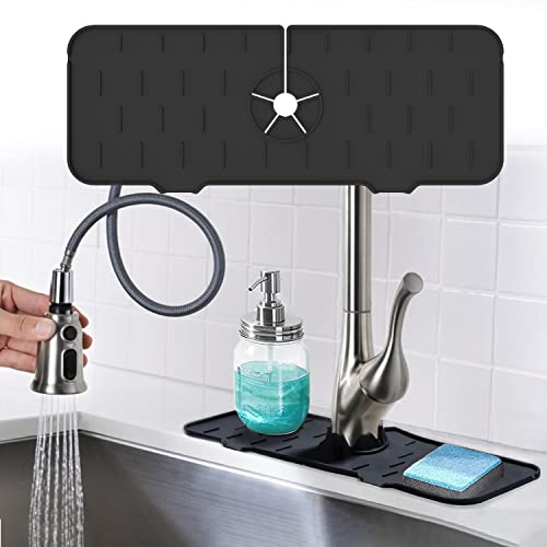 Kitchen Sink Splash Guard,Silicone Faucet Handle Drip Catcher Tray Reusable For Mat Protector Against Water Splashes, Black 37X14.6X0.8 Cm Silicone Faucet Mat Sink Water Splash Guard #TOP23