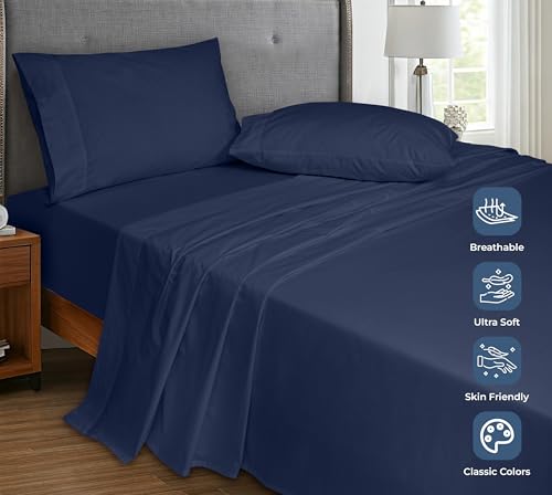 Image of Royale Linens 100% Organic Cotton Full Flat Sheet Only - Super Soft - Percale Top Sheets - Full Flat Sheet Sold Separately - Breathable, Cool & Crisp Navy Sheets Only (81 inch x 96 inch, Navy)