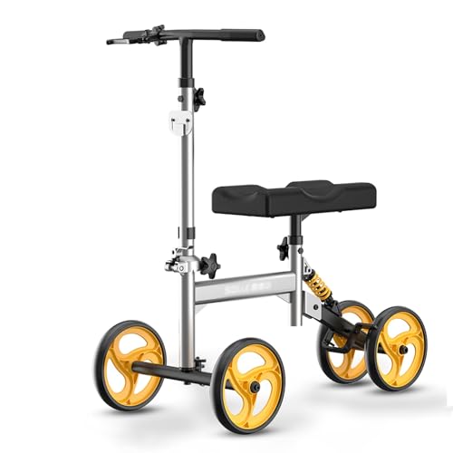 YMILD 骨折用ニースクーター 折りたたみ式ニーウォーカー 歩行器 膝 リハビリ 骨折 補助具 軽量 コンパクト ポータブル 座り立ち両用 室内 外 足の骨折用歩行器 高さ調節可能 衝撃吸収性 PUホイール 片足歩行補助 松葉杖 代わり ハンドブレーキ付