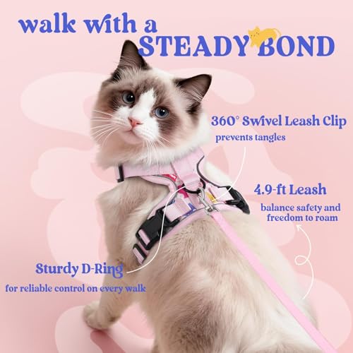 Image of rabbitgoo Cat Harness and Leash Set, Escape Proof Vest, Purrty Pink | Soft Breathable Mesh, Easy Adjustable Fit, Snap Buckles, Sturdy Clip, Reflective Strips, for Medium to Large Cats Walks, M