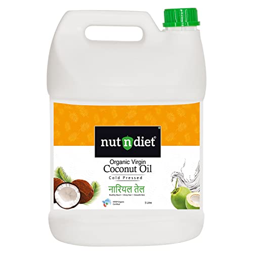 Image of Nutndiet Extra Virgin Coconut Oil | Cold Pressed, Pure & Organic Coconut Oil | Ideal for Baby Massage, Hair Care, Skin Care, Healthy Cooking, Baking, and Oil Pulling | Chemical Free and Multipurpose | 5 Litre Can