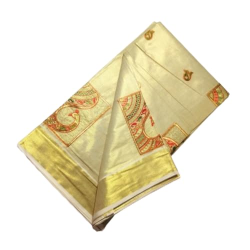 Image of Women's Kerala Kasavu Golden Gold Tissue Saree with Running Blouse Piece | Kerala Onam Saree with Tissue Mural Painted (Saree 5.5 meter, Blouse Piece 0.8 meter)