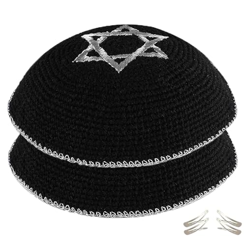 Nenkarn Mens Hand-Knit Kippah Yarmulke Jewish Hat Breathable Cotton Blend Yamaka with Clips for Adults and Kids Magen Star Embroidery 6 Inches Black 2 Pack