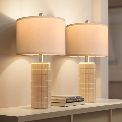 Image of PoKat 23 inch Pink Ceramic Table Lamps Set of 2, Modern Bedroom Lamps for Girls Room, Bedside Lamps for Night Stands, Cute Lamps for Living Room Decor, Nightstands Desk Lamp, Pink
