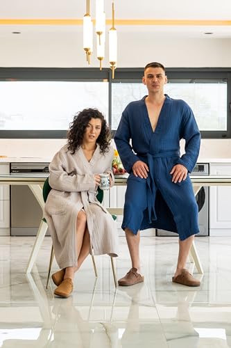 Image of Muslin Unisex Bathrobe Women & Men, 100% Cotton Kimono Lightweight Robe | Long Robes Soft, Absorbent, Spa robes
