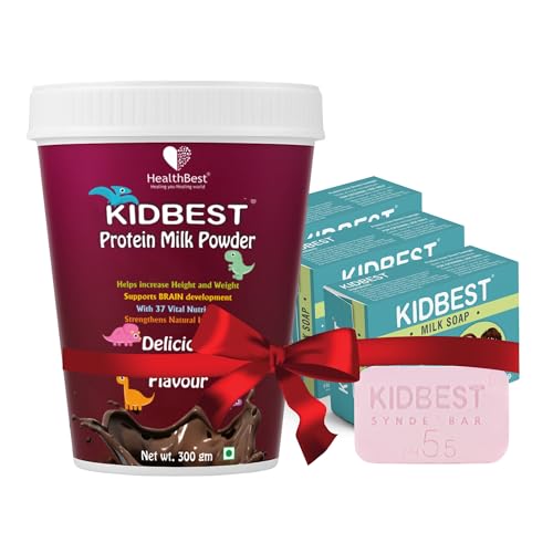 Image of HealthBest Kids Protein Milk Powder 300g & Milk Soap 75gm (Pack of 3) Combo for Kids | Boosts Immunity & Supports Growth + Gentle Cleansing with Tear, Paraben and Sulfate -Free