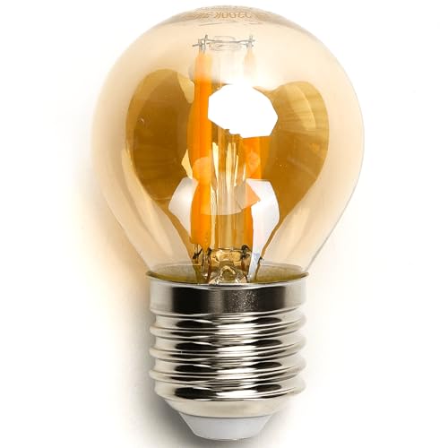 Glowster Bombilla LED de filamento ámbar G45 E27 4W, con diseño vintage, ahorro energético y aplicaciones en iluminación decorativa.