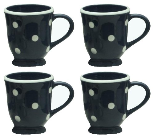 Terramoto Ceramic Polka Dots Footed Mugs, White on Black, Set of 4