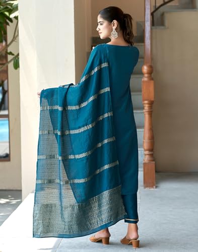 Image of SIRIL Women's Cotton Blend Embroidery Straight Kurta Pant with Dupatta Set