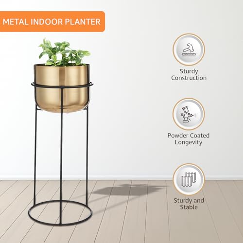 Image of amazon basics Gold Plated Metal Planters with Stands (Set of 2) | Suitable for Living Room, Bedroom Decor | (Gold)