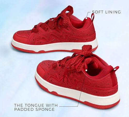 Image of LUCKY STEP Women's Sparkle Rhinestone Fashion Sneakers Walking Tennis Bling Glitter Roaring Shoes Platform Lace up Casual Mesh Sneaker