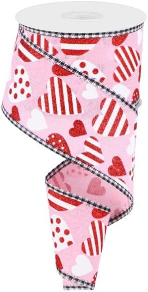 Valentine Hearts/Gingham Wired Ribbon - Pink, White, Red, Black - 2.5X10yd