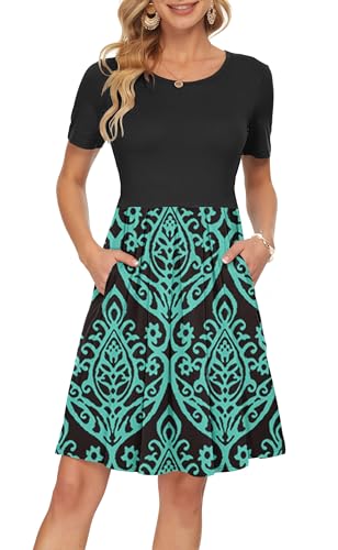 AUSELILY Womens Summer Dress Casual Bodycon Short Sleeve Pleated Loose Swing Casual Dress with Pockets Knee Length Black Green M