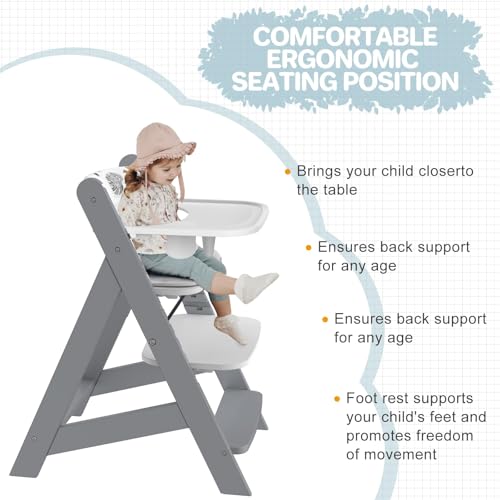 Image of HOMEKOL Wooden High Chair with Tray, Adjustable and Convertible for Babies and Toddlers, Water-Resistant Natural Wood, Ergonomic High Chair Grows with Kids, Grey